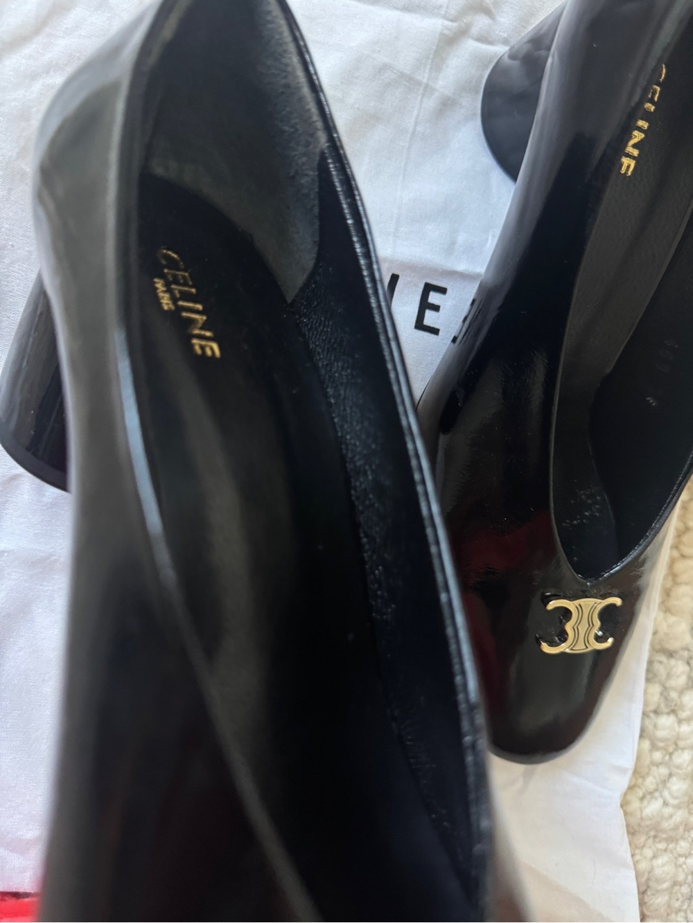 Celine Black Patent Leather Pumps with Gold Double C Logo - Picture 10 of 12